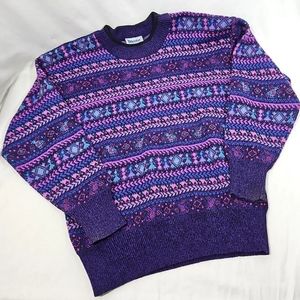Vintage Meister Sweater Retro Purple Wool Blend Ski Top Geo Stripe Birds Pattern